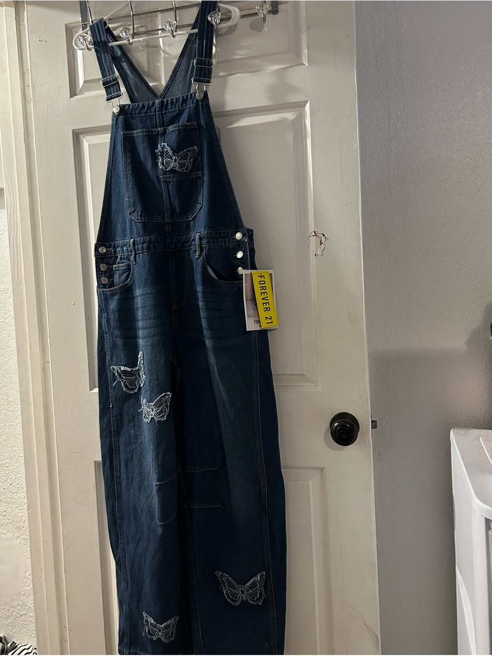 Forever 21 Dark Indigo Denim Overalls with Butterfly Patch Accents